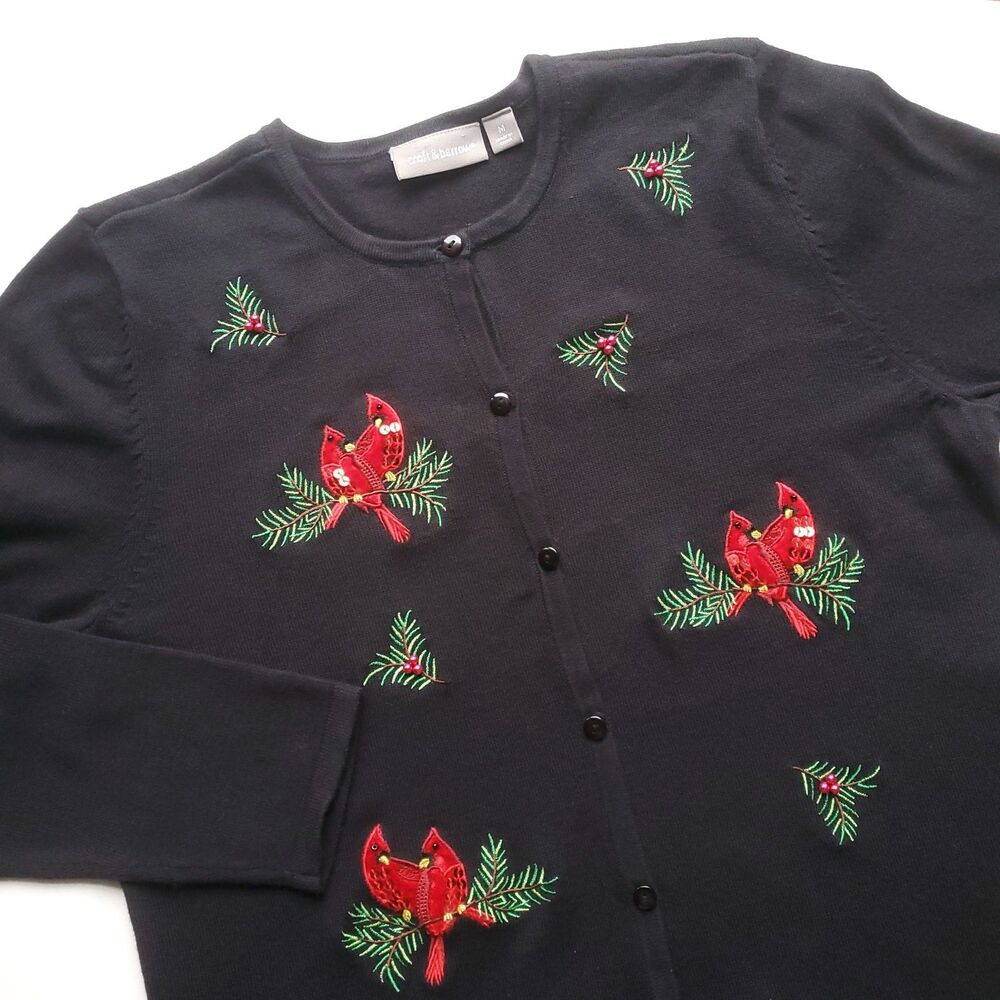 Croft & Barrow Christmas Cardigan Womens M Black Red Embroidered Cardinals